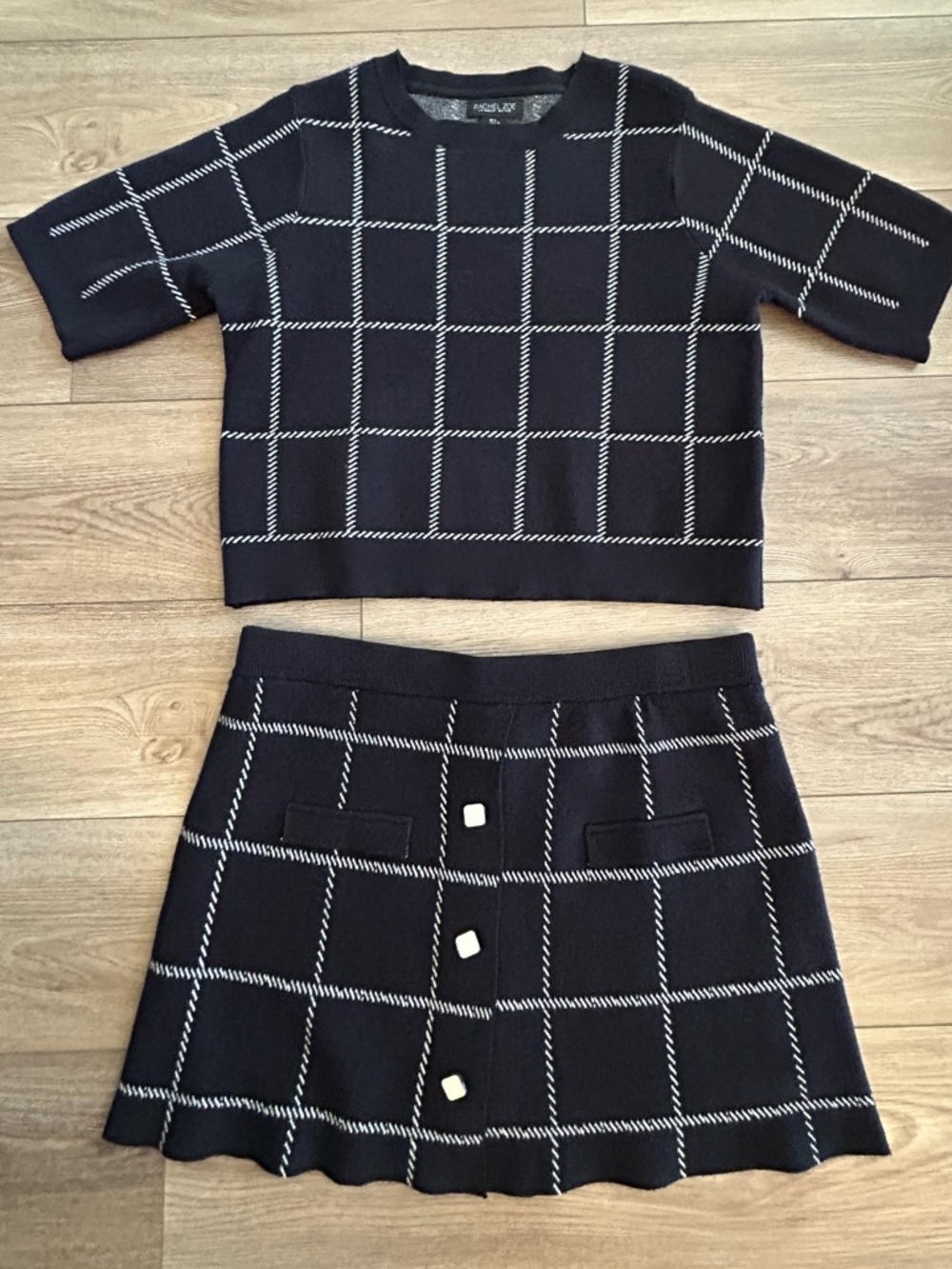 Rachel Zoe Knit 2 Piece Set Windowpane Crop Top Mini Skirt L
